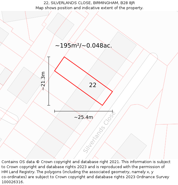 22, SILVERLANDS CLOSE, BIRMINGHAM, B28 8JR: Plot and title map