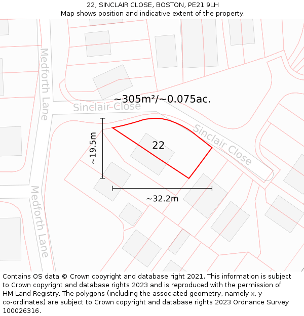 22, SINCLAIR CLOSE, BOSTON, PE21 9LH: Plot and title map