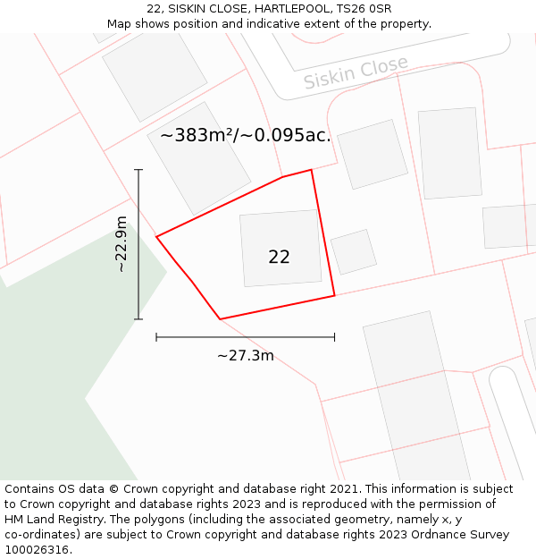 22, SISKIN CLOSE, HARTLEPOOL, TS26 0SR: Plot and title map