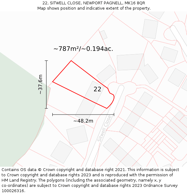 22, SITWELL CLOSE, NEWPORT PAGNELL, MK16 8QR: Plot and title map