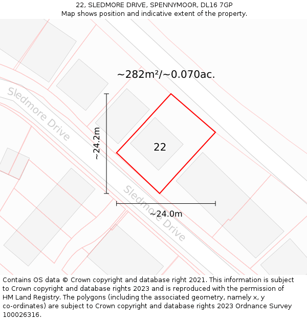 22, SLEDMORE DRIVE, SPENNYMOOR, DL16 7GP: Plot and title map