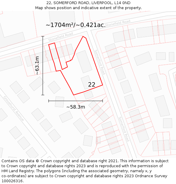 22, SOMERFORD ROAD, LIVERPOOL, L14 0ND: Plot and title map