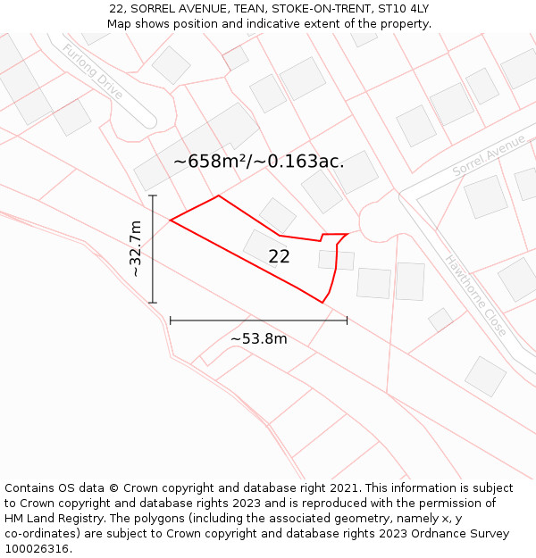 22, SORREL AVENUE, TEAN, STOKE-ON-TRENT, ST10 4LY: Plot and title map