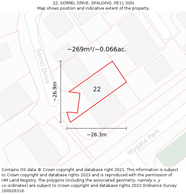 22, SORREL DRIVE, SPALDING, PE11 3GN: Plot and title map