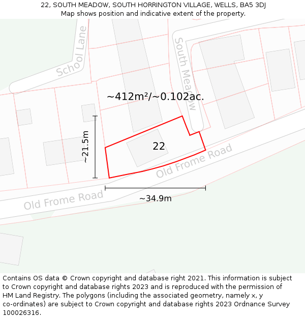 22, SOUTH MEADOW, SOUTH HORRINGTON VILLAGE, WELLS, BA5 3DJ: Plot and title map
