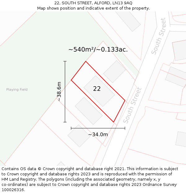 22, SOUTH STREET, ALFORD, LN13 9AQ: Plot and title map