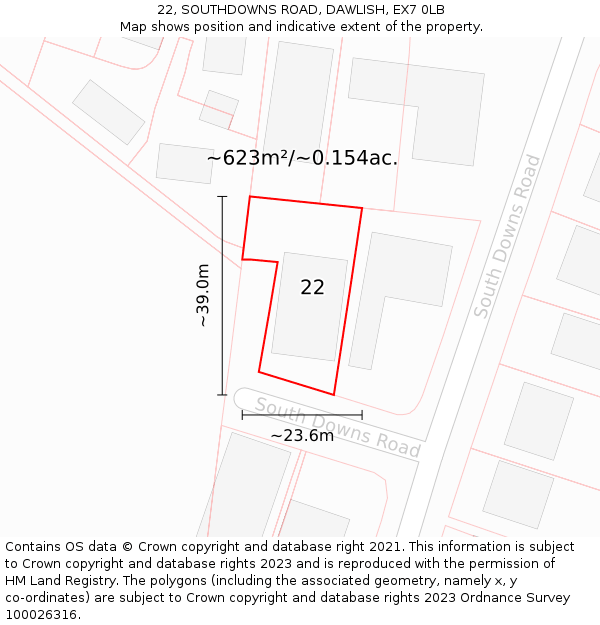 22, SOUTHDOWNS ROAD, DAWLISH, EX7 0LB: Plot and title map