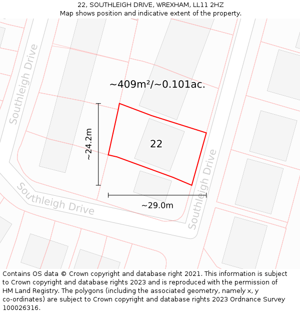 22, SOUTHLEIGH DRIVE, WREXHAM, LL11 2HZ: Plot and title map