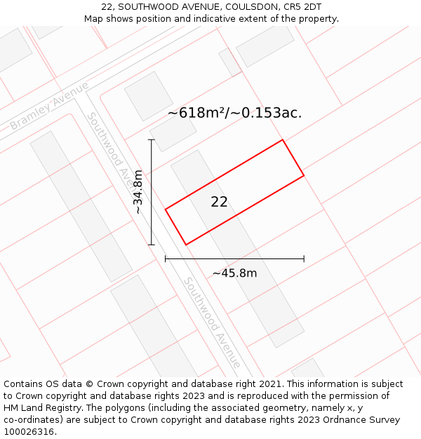 22, SOUTHWOOD AVENUE, COULSDON, CR5 2DT: Plot and title map