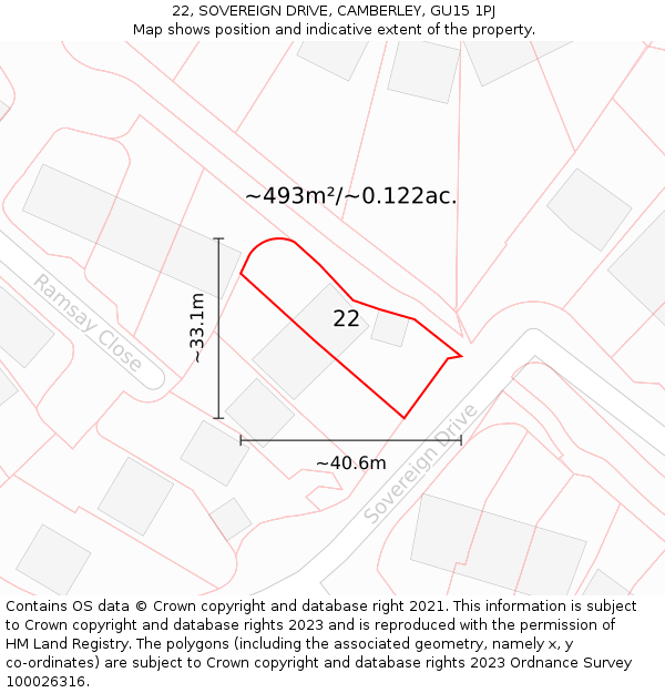 22, SOVEREIGN DRIVE, CAMBERLEY, GU15 1PJ: Plot and title map