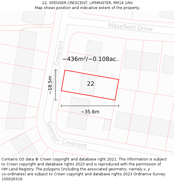 22, SPENSER CRESCENT, UPMINSTER, RM14 1AN: Plot and title map