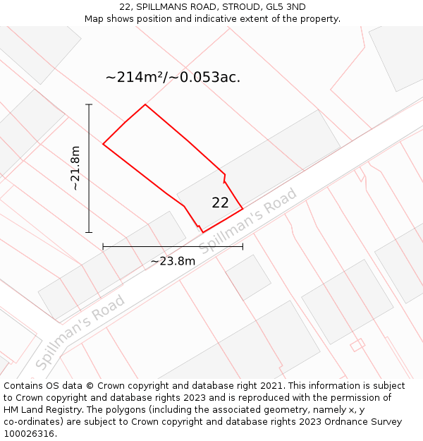 22, SPILLMANS ROAD, STROUD, GL5 3ND: Plot and title map