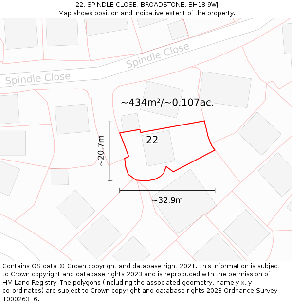 22, SPINDLE CLOSE, BROADSTONE, BH18 9WJ: Plot and title map