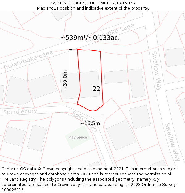 22, SPINDLEBURY, CULLOMPTON, EX15 1SY: Plot and title map