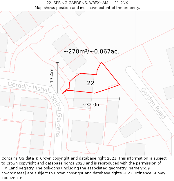22, SPRING GARDENS, WREXHAM, LL11 2NX: Plot and title map