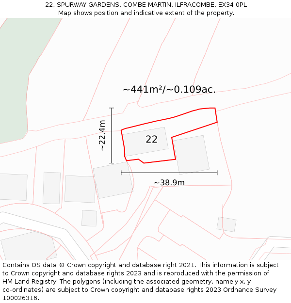 22, SPURWAY GARDENS, COMBE MARTIN, ILFRACOMBE, EX34 0PL: Plot and title map