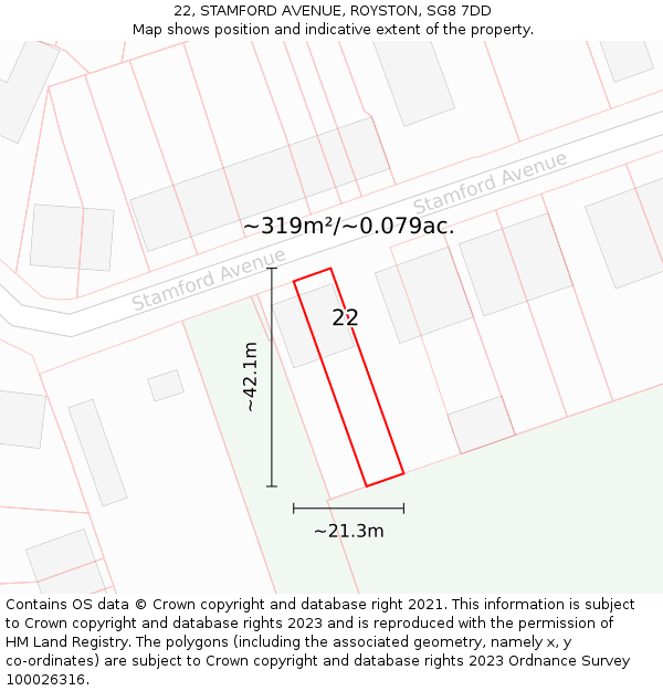 22, STAMFORD AVENUE, ROYSTON, SG8 7DD: Plot and title map