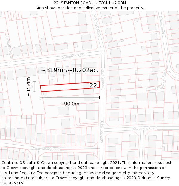 22, STANTON ROAD, LUTON, LU4 0BN: Plot and title map