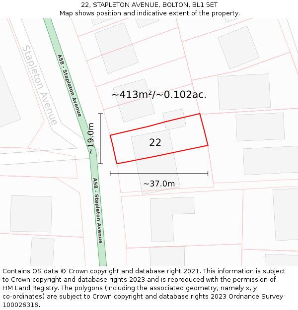 22, STAPLETON AVENUE, BOLTON, BL1 5ET: Plot and title map