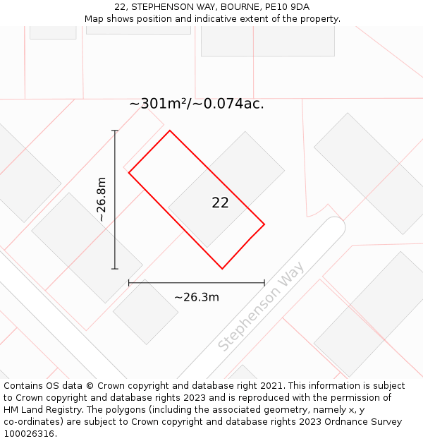 22, STEPHENSON WAY, BOURNE, PE10 9DA: Plot and title map