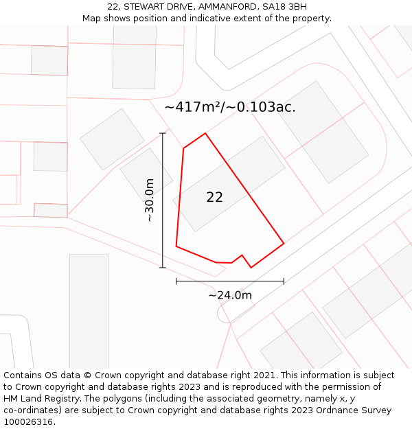 22, STEWART DRIVE, AMMANFORD, SA18 3BH: Plot and title map