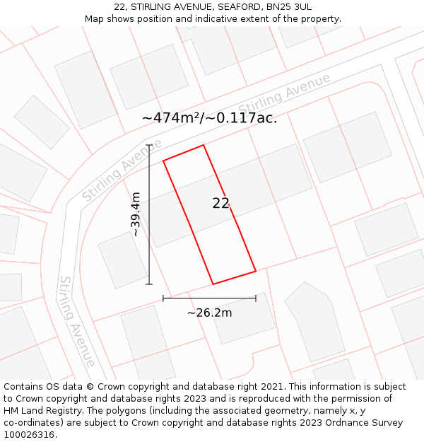 22, STIRLING AVENUE, SEAFORD, BN25 3UL: Plot and title map