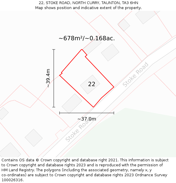 22, STOKE ROAD, NORTH CURRY, TAUNTON, TA3 6HN: Plot and title map