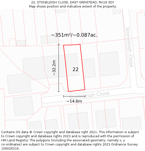 22, STONELEIGH CLOSE, EAST GRINSTEAD, RH19 3DY: Plot and title map