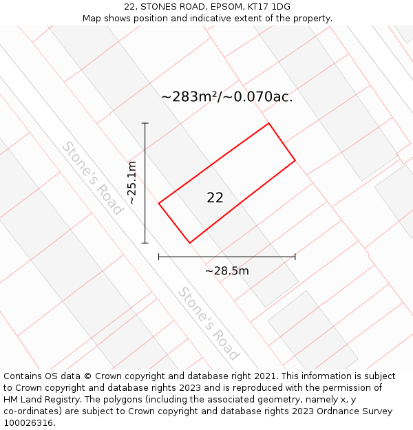 22, STONES ROAD, EPSOM, KT17 1DG: Plot and title map