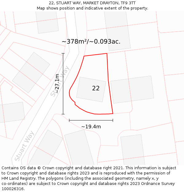 22, STUART WAY, MARKET DRAYTON, TF9 3TT: Plot and title map