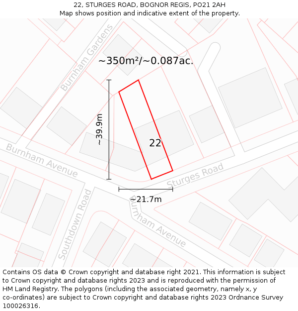 22, STURGES ROAD, BOGNOR REGIS, PO21 2AH: Plot and title map