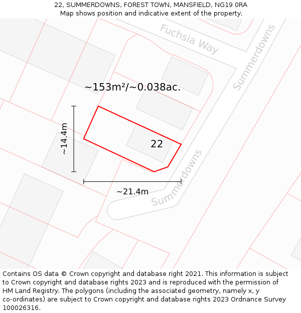 22, SUMMERDOWNS, FOREST TOWN, MANSFIELD, NG19 0RA: Plot and title map