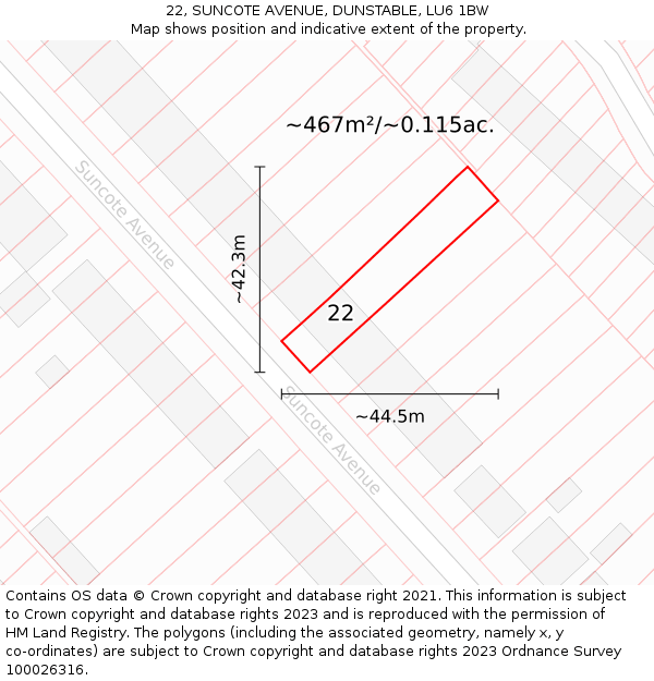 22, SUNCOTE AVENUE, DUNSTABLE, LU6 1BW: Plot and title map