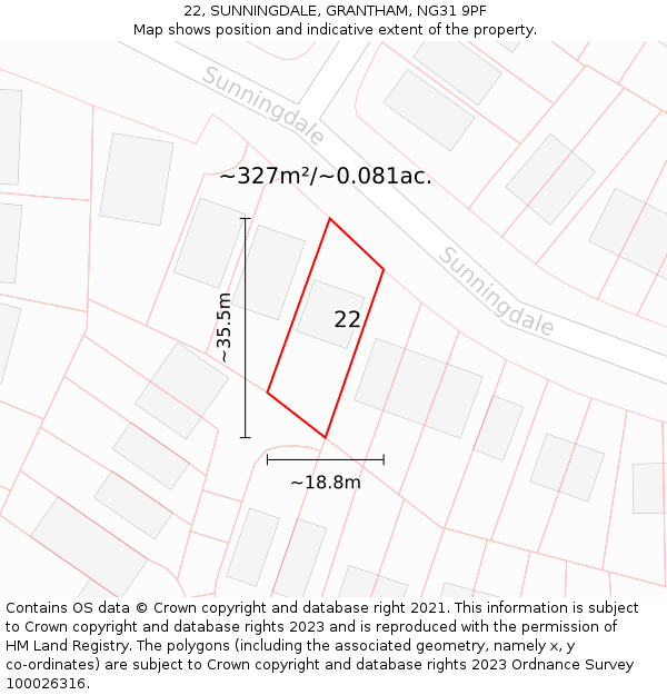 22, SUNNINGDALE, GRANTHAM, NG31 9PF: Plot and title map