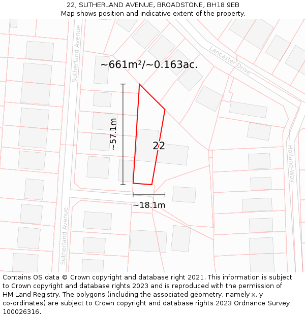 22, SUTHERLAND AVENUE, BROADSTONE, BH18 9EB: Plot and title map