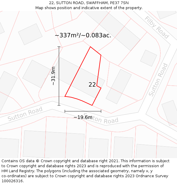 22, SUTTON ROAD, SWAFFHAM, PE37 7SN: Plot and title map