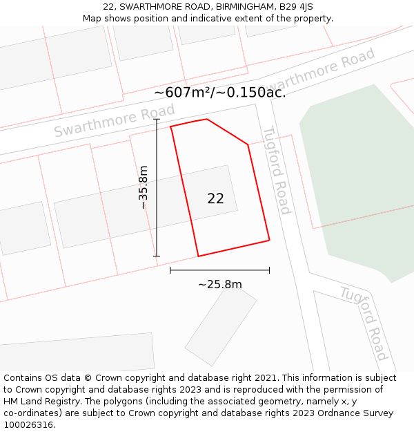 22, SWARTHMORE ROAD, BIRMINGHAM, B29 4JS: Plot and title map