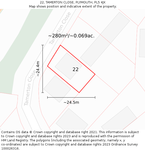 22, TAMERTON CLOSE, PLYMOUTH, PL5 4JX: Plot and title map