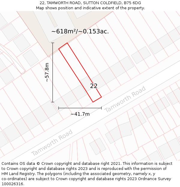 22, TAMWORTH ROAD, SUTTON COLDFIELD, B75 6DG: Plot and title map