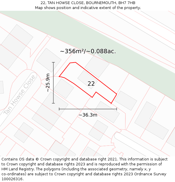 22, TAN HOWSE CLOSE, BOURNEMOUTH, BH7 7HB: Plot and title map