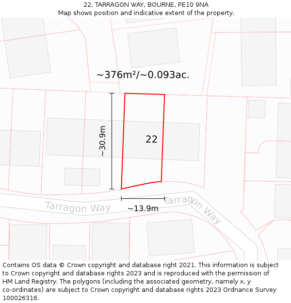 22, TARRAGON WAY, BOURNE, PE10 9NA: Plot and title map