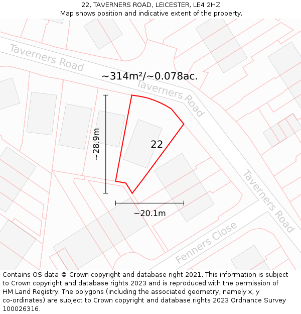 22, TAVERNERS ROAD, LEICESTER, LE4 2HZ: Plot and title map
