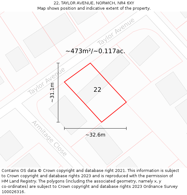 22, TAYLOR AVENUE, NORWICH, NR4 6XY: Plot and title map