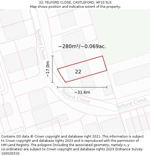 22, TELFORD CLOSE, CASTLEFORD, WF10 5LS: Plot and title map