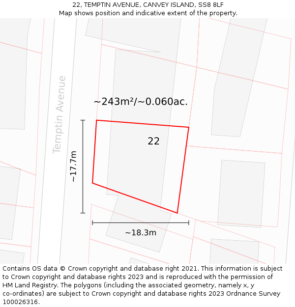 22, TEMPTIN AVENUE, CANVEY ISLAND, SS8 8LF: Plot and title map