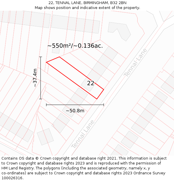 22, TENNAL LANE, BIRMINGHAM, B32 2BN: Plot and title map