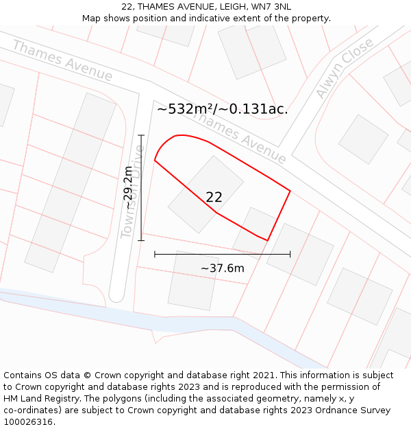 22, THAMES AVENUE, LEIGH, WN7 3NL: Plot and title map