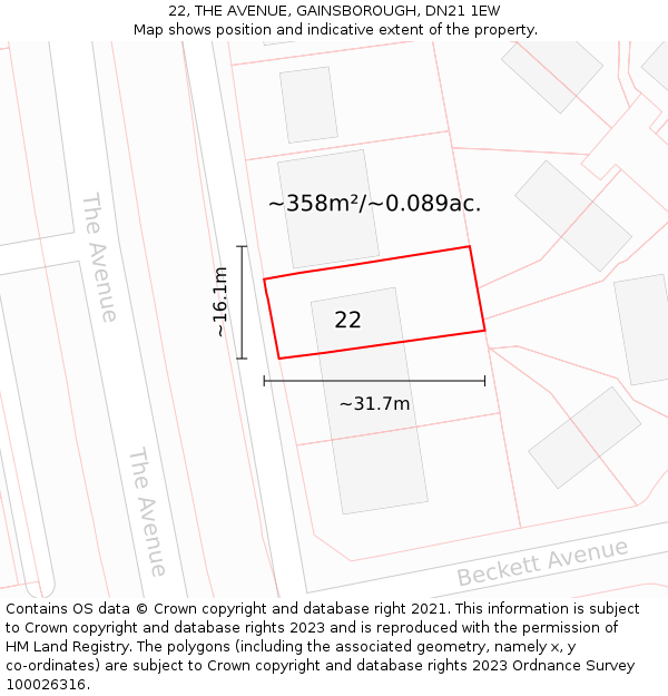 22, THE AVENUE, GAINSBOROUGH, DN21 1EW: Plot and title map