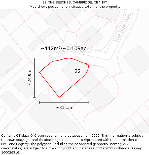 22, THE BEECHES, CAMBRIDGE, CB4 1FY: Plot and title map