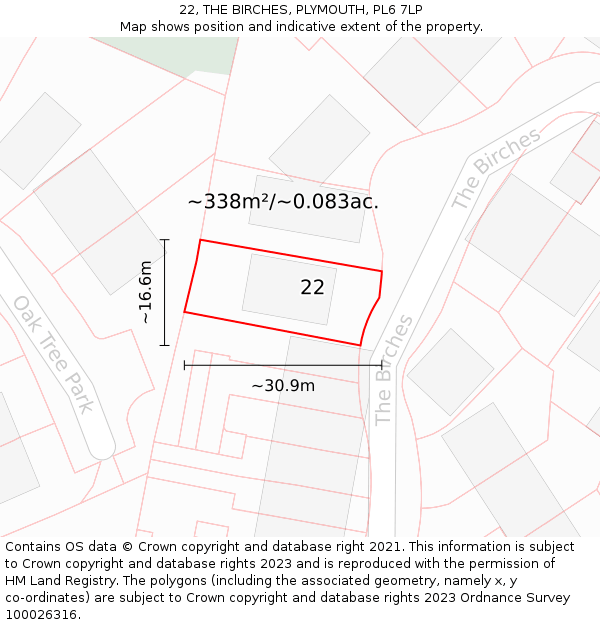 22, THE BIRCHES, PLYMOUTH, PL6 7LP: Plot and title map